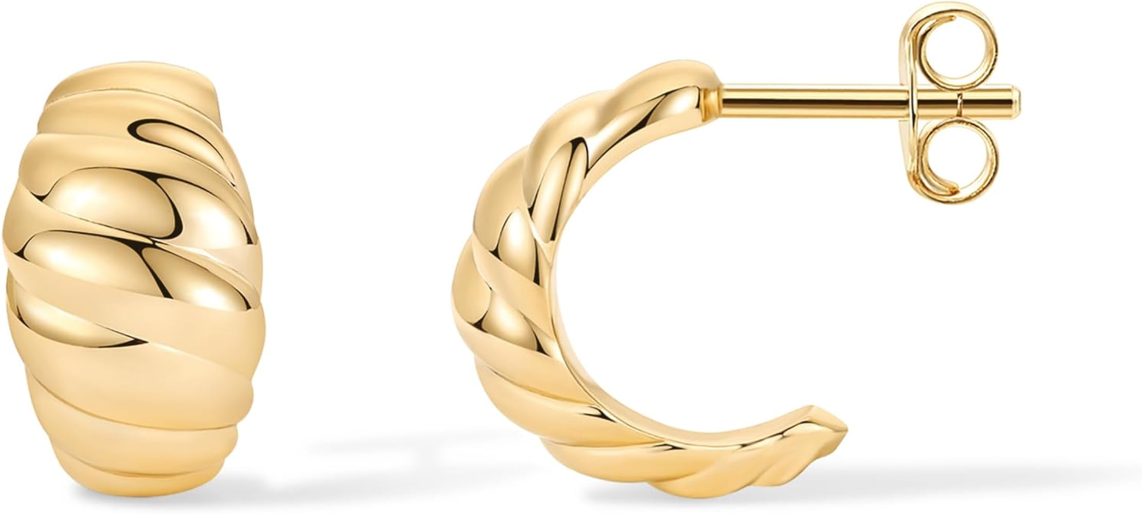 PAVOI 14K Gold Plated Ribbed Hoop Earrings for Women - Chunky Ridge Statement Earrings - Boho Puf... | Amazon (US)