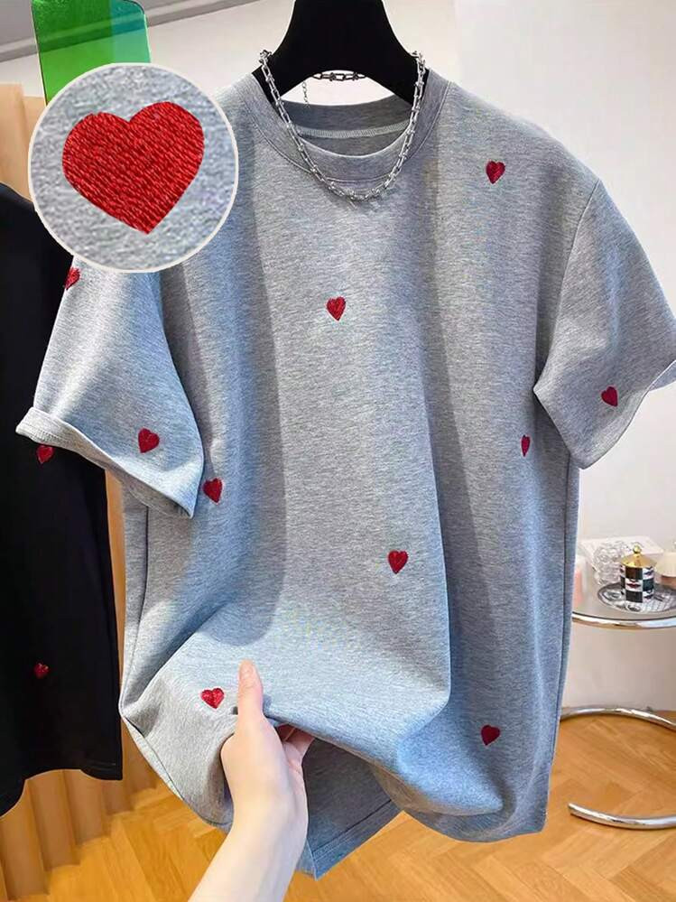 SHEIN Heart Embroidery Crew Neck Short Sleeve T-Shirt, Casual Summer | SHEIN