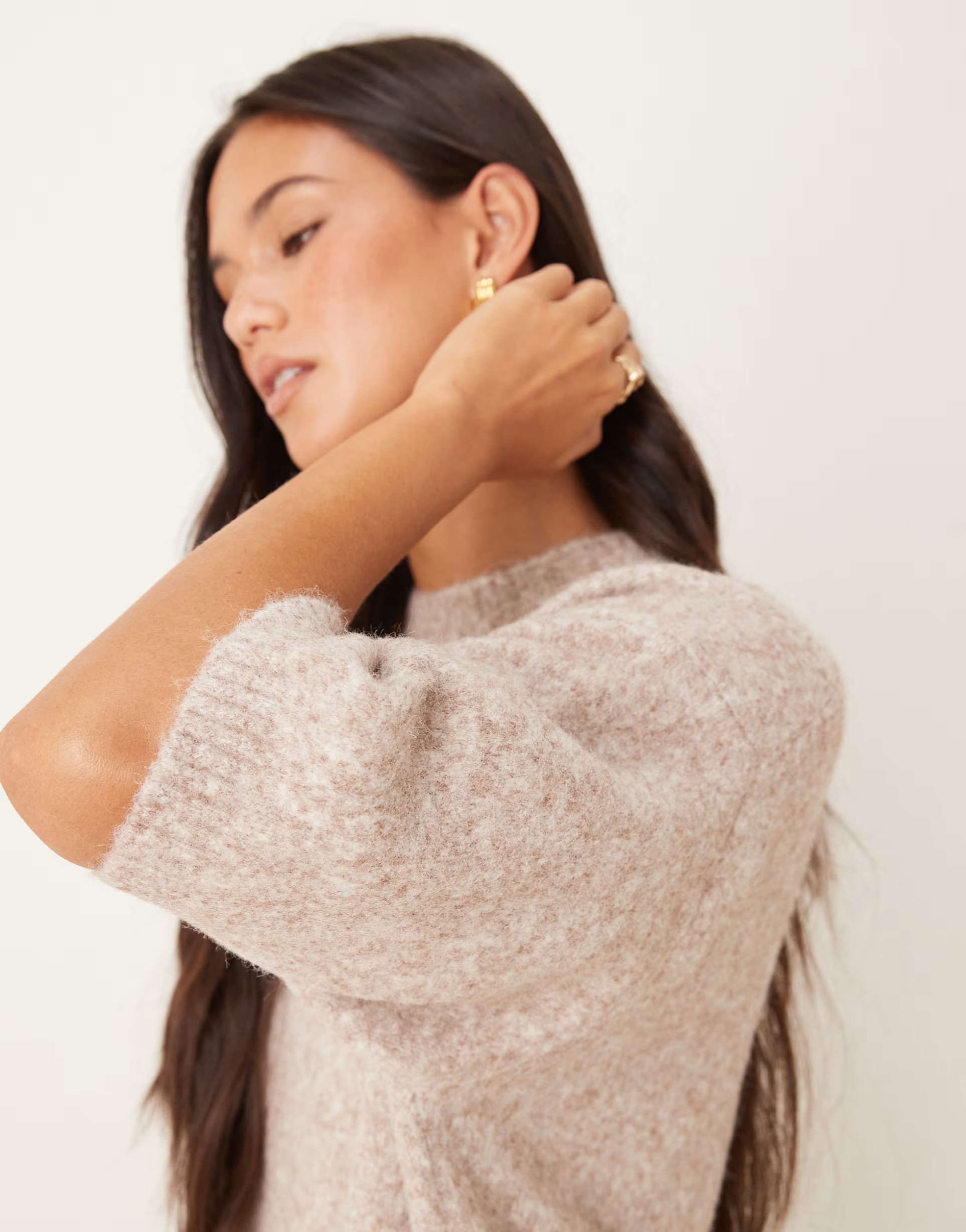 ASOS DESIGN knitted crew neck fluffy t shirt jumper in mushroom | ASOS (Global)