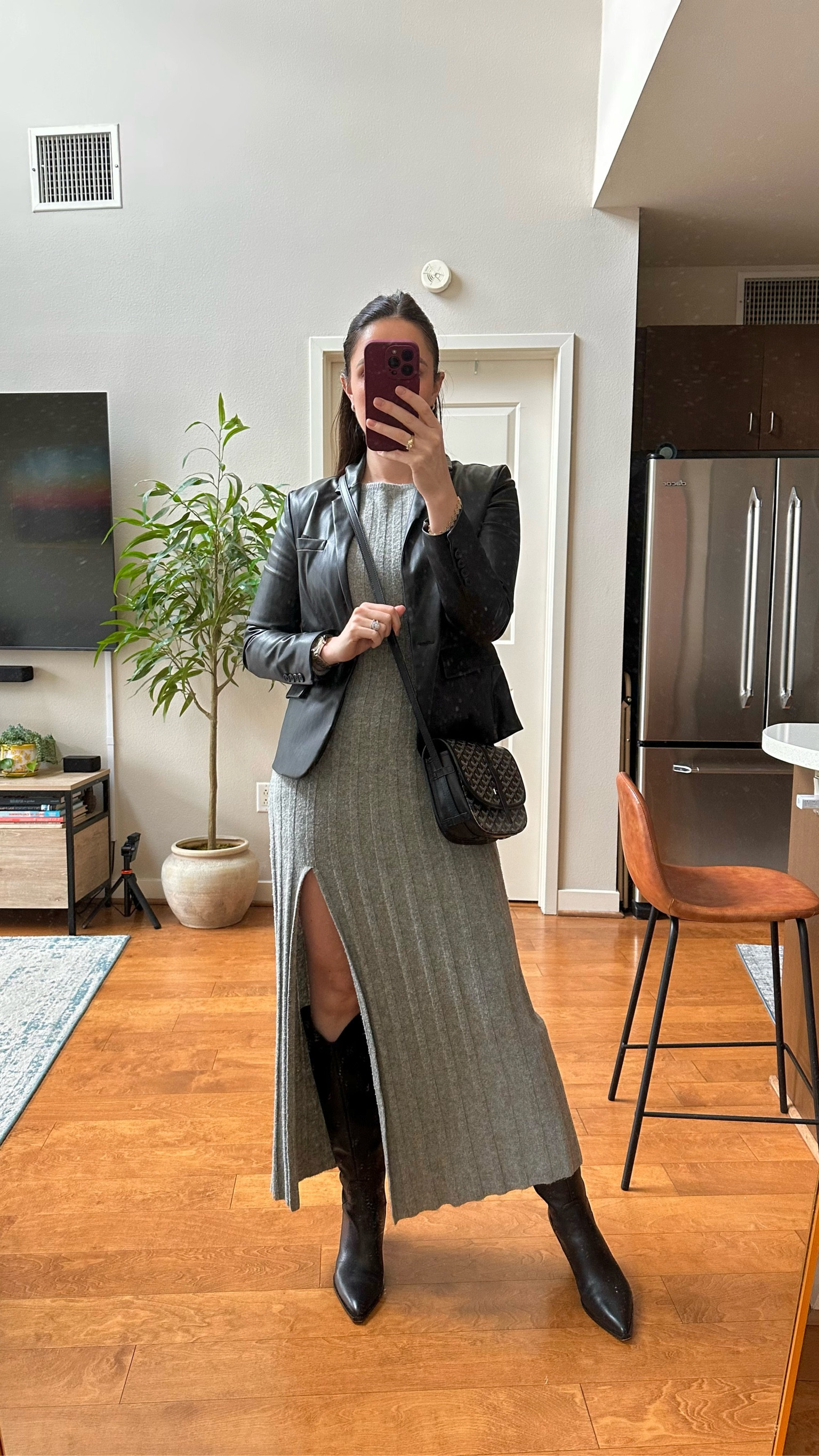 Sweater dress S
Leather blazer S
Black knee high boots 7.5
Goyard crossbody 

#LTKShoeCrush #LTKFindsUnder100 #LTKWorkwear
