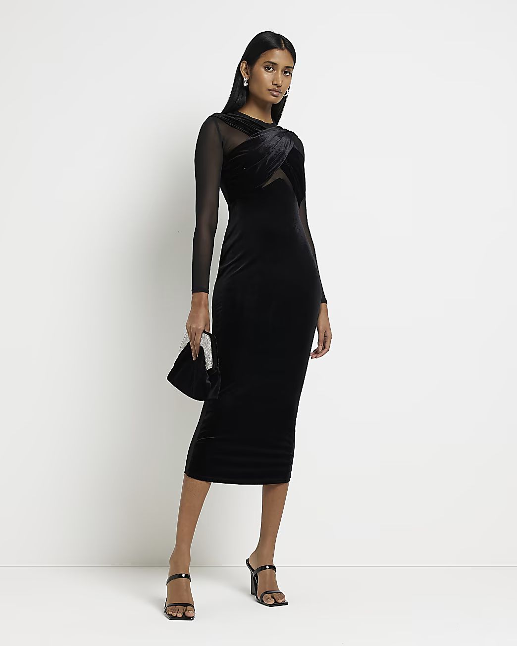 Black velvet mesh long sleeve midi dress | River Island (UK & IE)