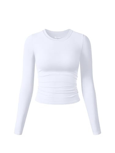 OQQ Womens Shirts Long Sleeve Crew Neck Ruched Stretch Basic Fitted Tee Shirts Tops White | Amazon (US)