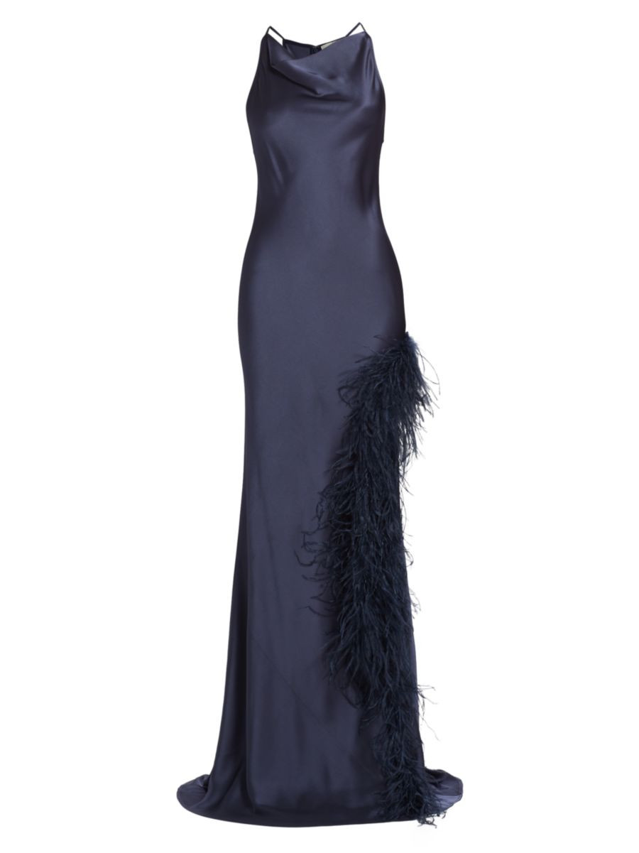 Feather-Trimmed Double-Faced Satin Cowlneck Gown | Saks Fifth Avenue