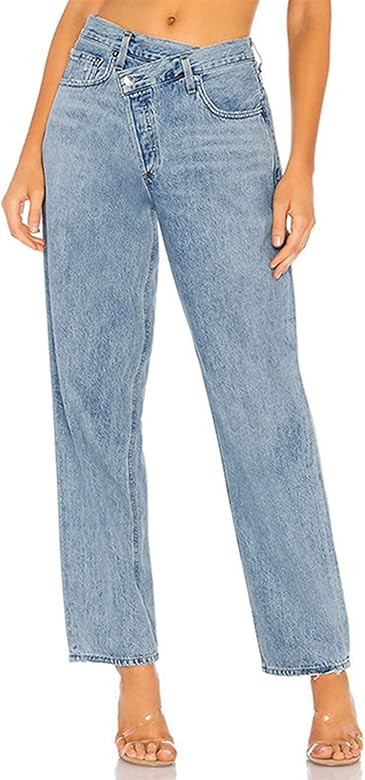 Women's Spring Autumn Winter High Waist Straight Trousers Fashion Double Layer Cross Blue Jeans W... | Amazon (US)