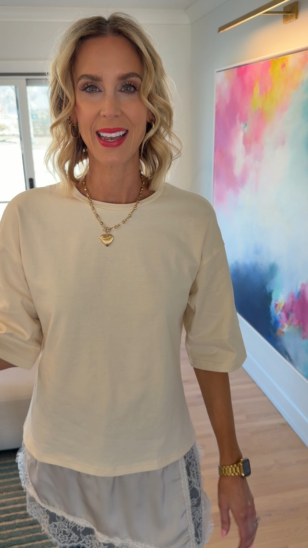 Amazon asymmetrical lace him blouse! This is a look for less and so trendy! Wearing my normal size small and it definitely runs bigger and boxer. ￼