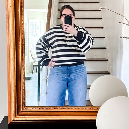 A little bird told me stripes are trending for spring.  Love this super soft knit top - it’s kinda like a sweatshirt but softer and looks like a sweater. Hard to explain, but I love it. It has an oversized fit and I’m wearing it with wide leg jeans and layered gold necklaces. Casual and comfortable. 

#stripe #stripedshirt #rugbyshirt #rugby 

#LTKmidsize #LTKover40 #LTKstyletip