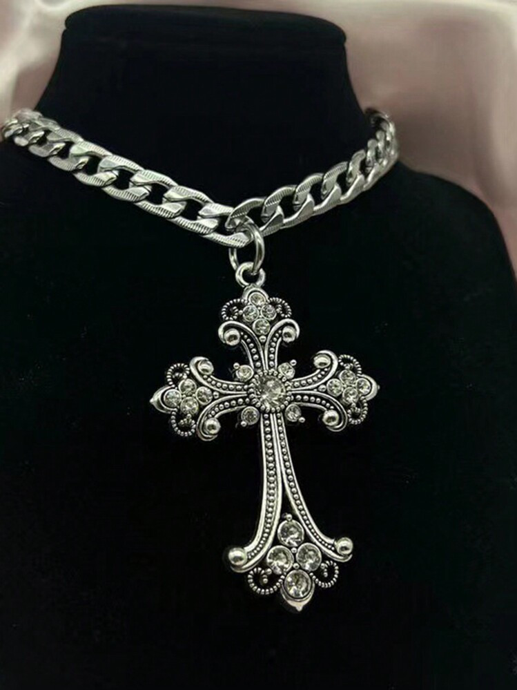 1pc Fashion Titanium Steel Silver Cross Cubic Zirconia Hollow Baroque Pendant Necklace For Women, Suitable For Party, Daily Wear | SHEIN