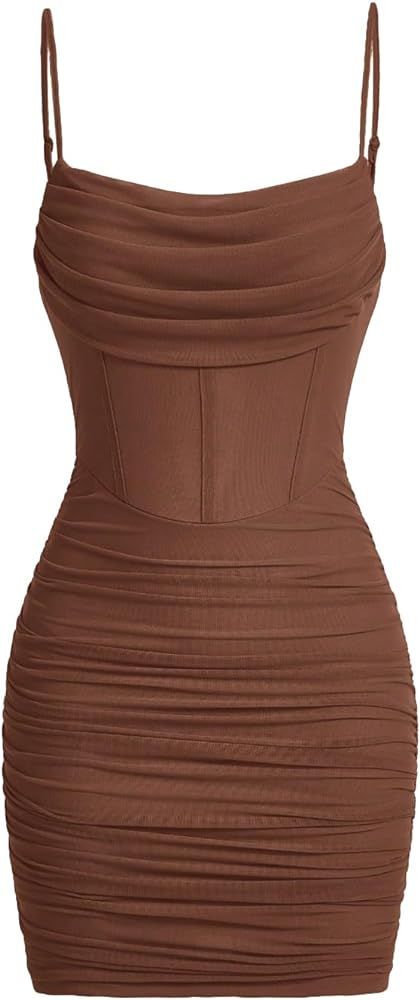 Milumia Women's Mesh Ruched Spaghetti Strap Corset Cami Dress Bodycon Mini Dresses | Amazon (US)