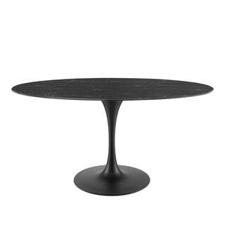 MODWAY Lippa 60 in. Oval Black Black Artificial Marble Dining Table with Powder-Coated Metal Base... | The Home Depot
