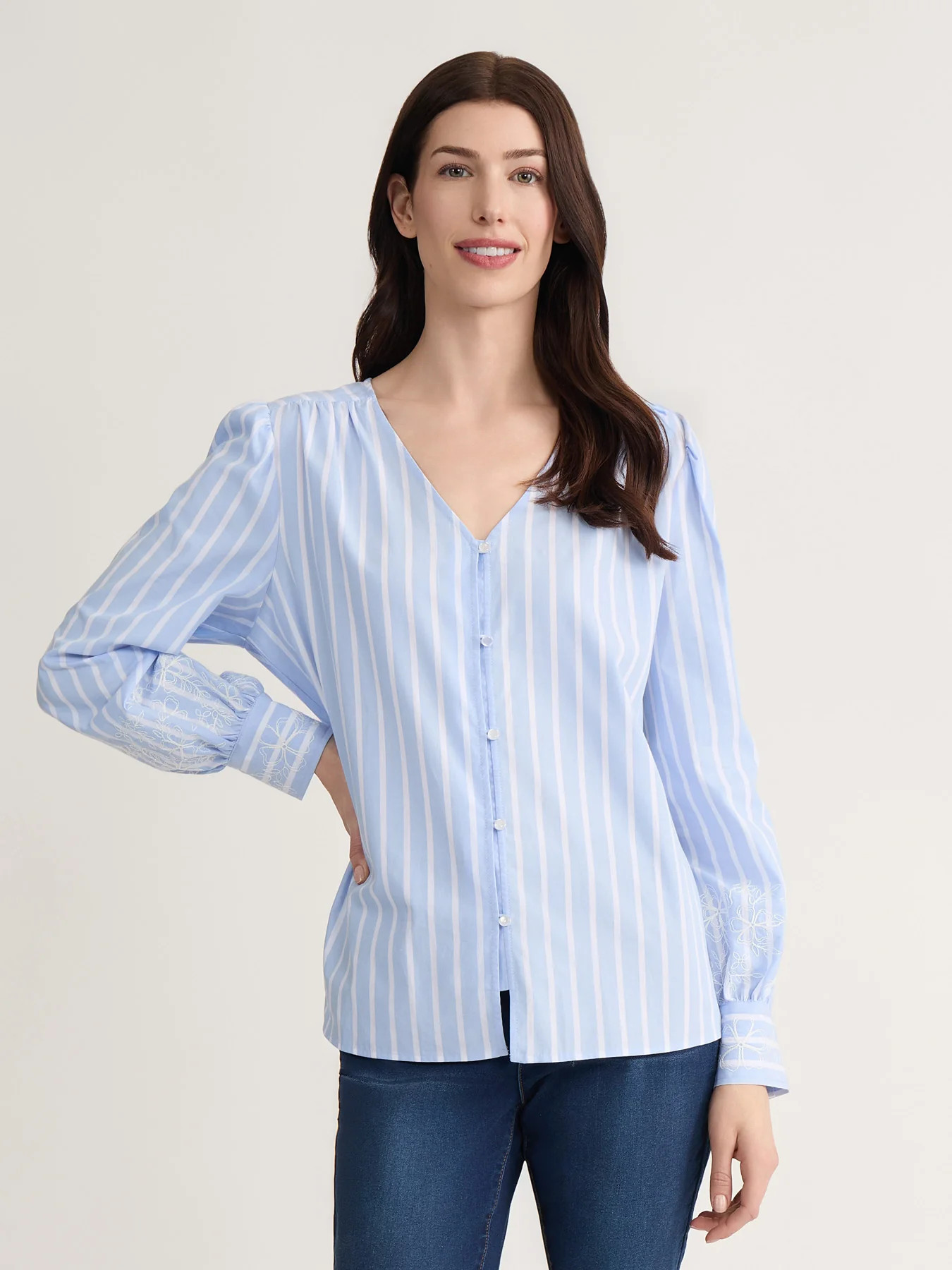 Pinstripe Embroidered Blouse, Cotton Poplin | Jones New York