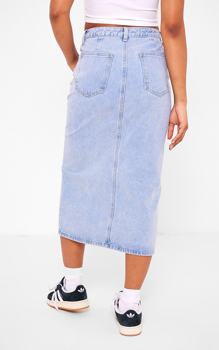 Light Blue Wash Split Mid Rise Denim Midi Skirt | PrettyLittleThing US