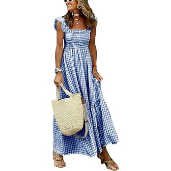 chouyatou Women's Retro Plaid Smocked Dress Spaghetti Strap Flounce Long Dress | Amazon (US)
