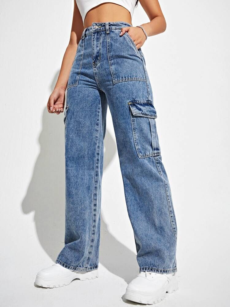 High Waisted Flap Pocket Cargo Jeans | SHEIN