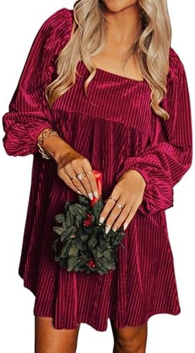 miduo Womens Loose Fit Square Neck Long Sleeve Velvet Mini Babydoll Dresses Shift Dress | Amazon (US)
