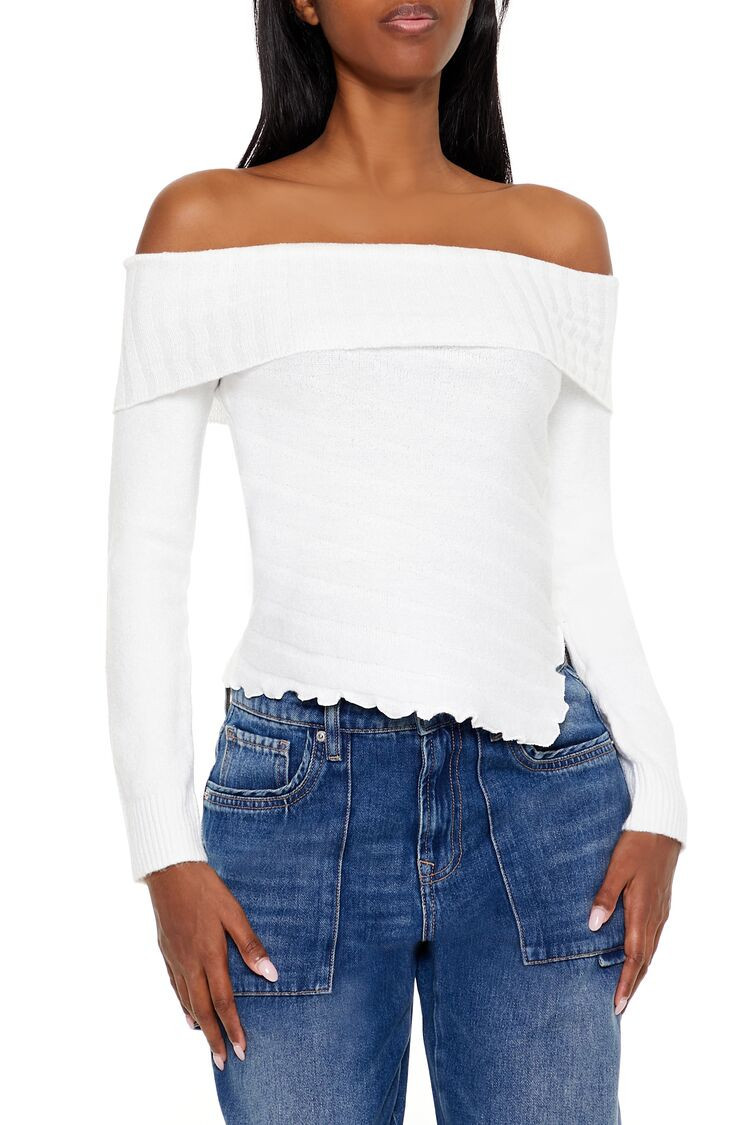 Women's Ribbed Off-the-Shoulder Sweater in White Large | Forever 21