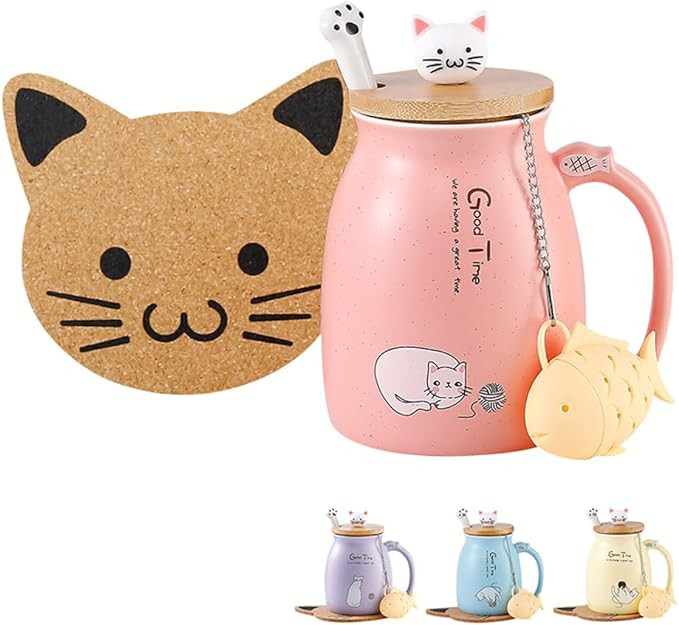 BigNoseDeer Kawaii Tea Cup with Infuser Cute Cat Mug Ceramic Coffee Mug Tea Mug Pink Cute Cool Pr... | Amazon (US)