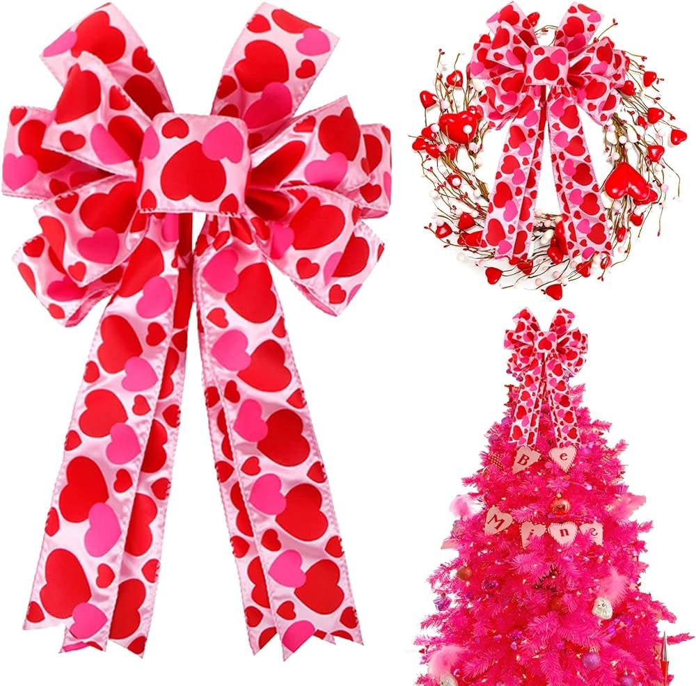 Valentine Tree Topper Bow with Heart Decorations, 11.4”x19.6” Large Red Pink Valentines Wreath Bow D | Amazon (US)