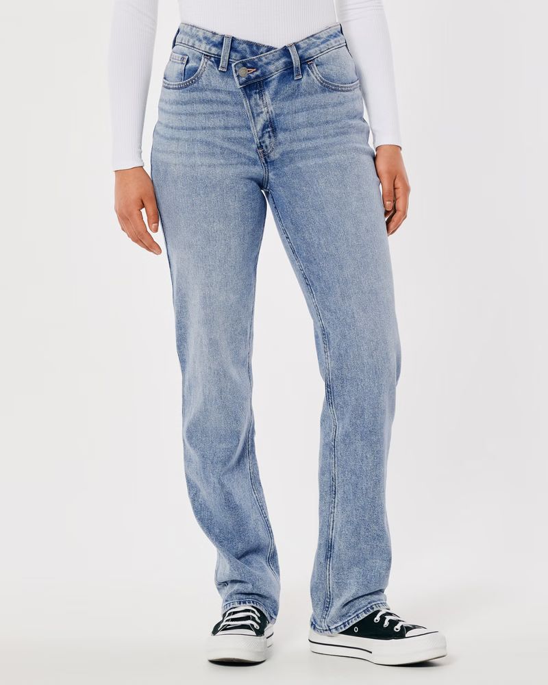 Ultra High-Rise Crossover Waist Medium Wash Straight Jeans | Hollister (US)