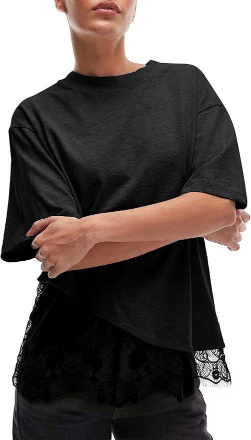 Women's Lace Patchwork Top Summer Daily Relaxed Fit Drop Shoulder Short Sleeve Blouse Casual Week... | Amazon (US)