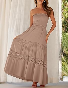 ZESICA Women's 2025 Summer Bohemian Strapless Off Shoulder Lace Trim Backless Flowy A Line Beach ... | Amazon (US)