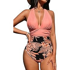 CUPSHE Women V Neck One Piece Swimsuit Halter Backless Ruched Tummy Control Bathing Suit | Amazon (US)