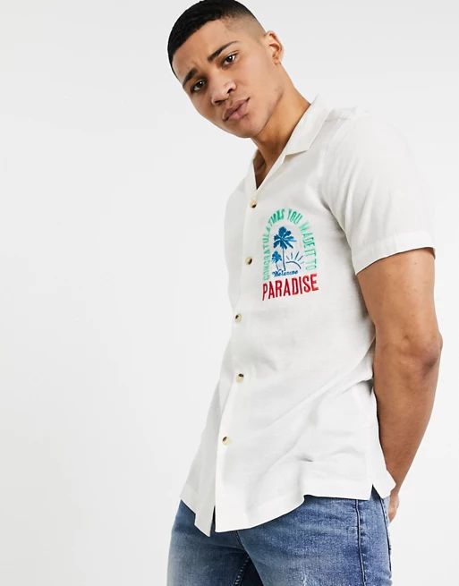 ASOS DESIGN relaxed fit linen look shirt with summer text embroidery pocket | ASOS (Global)