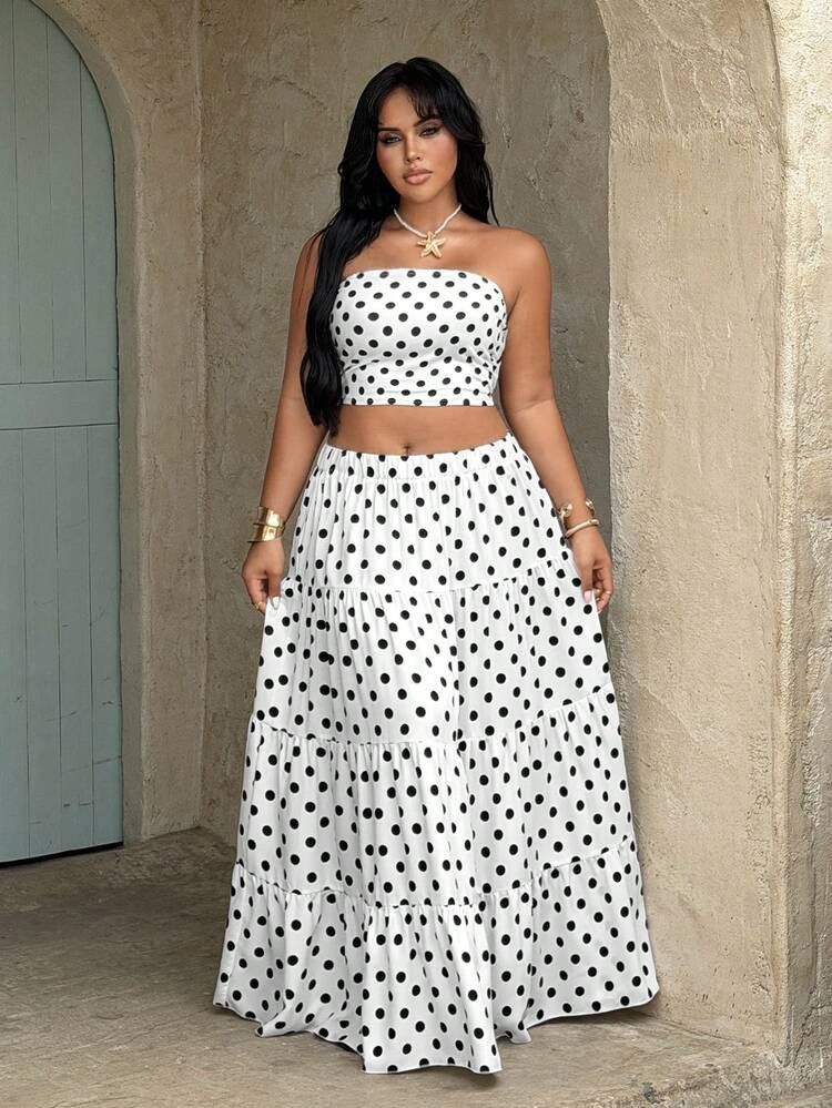 Rustia Plus Size Black & White Polka Dot Bandeau Top Paired With Long Tiered Skirt Set | SHEIN