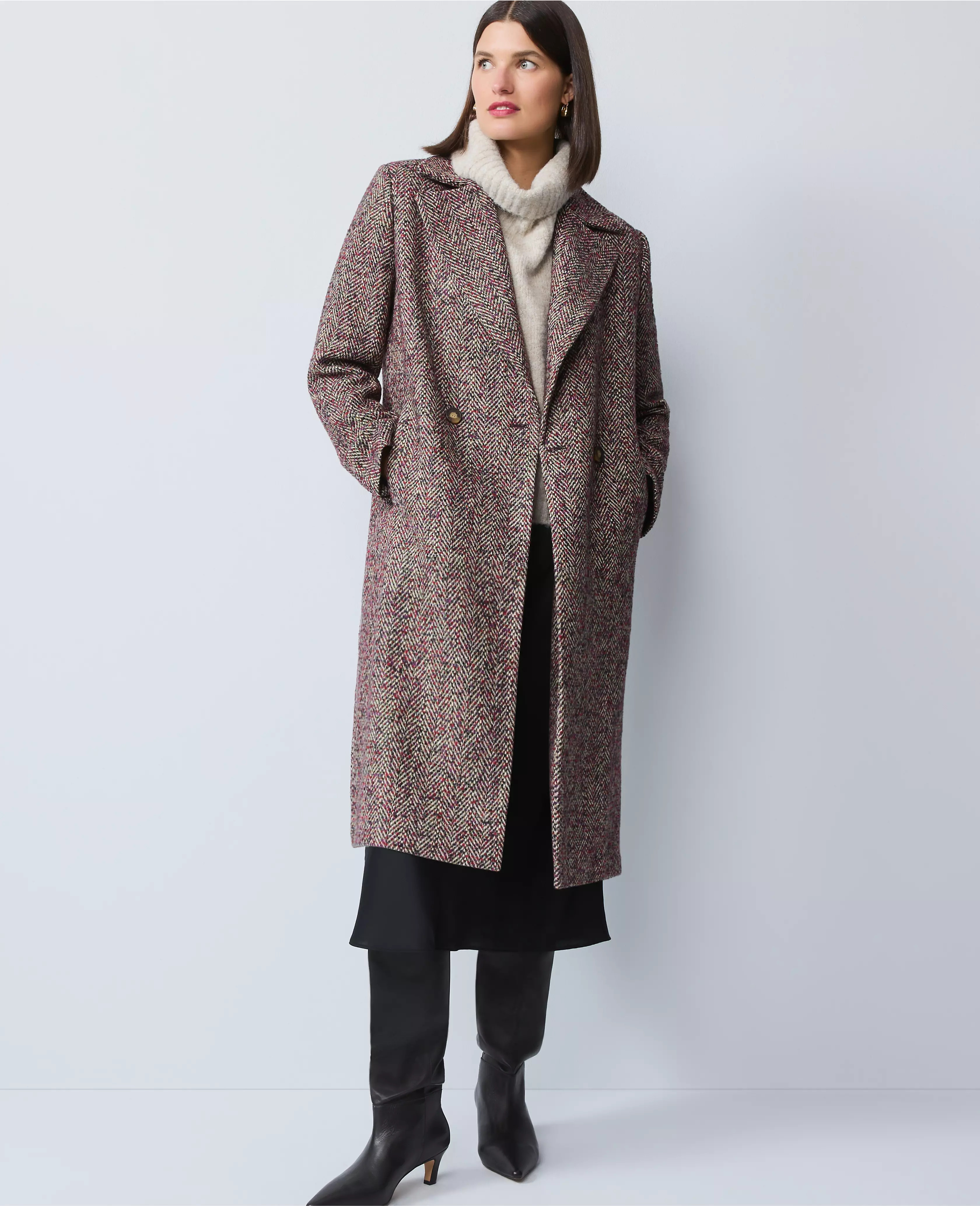 Herringbone Double Breasted Long Coat | Ann Taylor