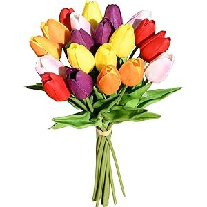 Mandy's 20pcs Multicolor Flowers Artificial Tulip Silk Flowers 13.5" for Home Decorations Centerpiec | Amazon (US)