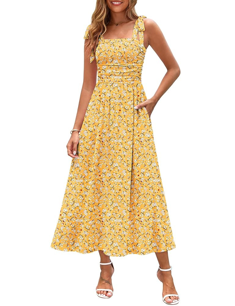Zattcas Womens 2025 Summer Spaghetti Strap Floral Maxi Dress with Pockets Smocked Flowy Long Beac... | Amazon (US)