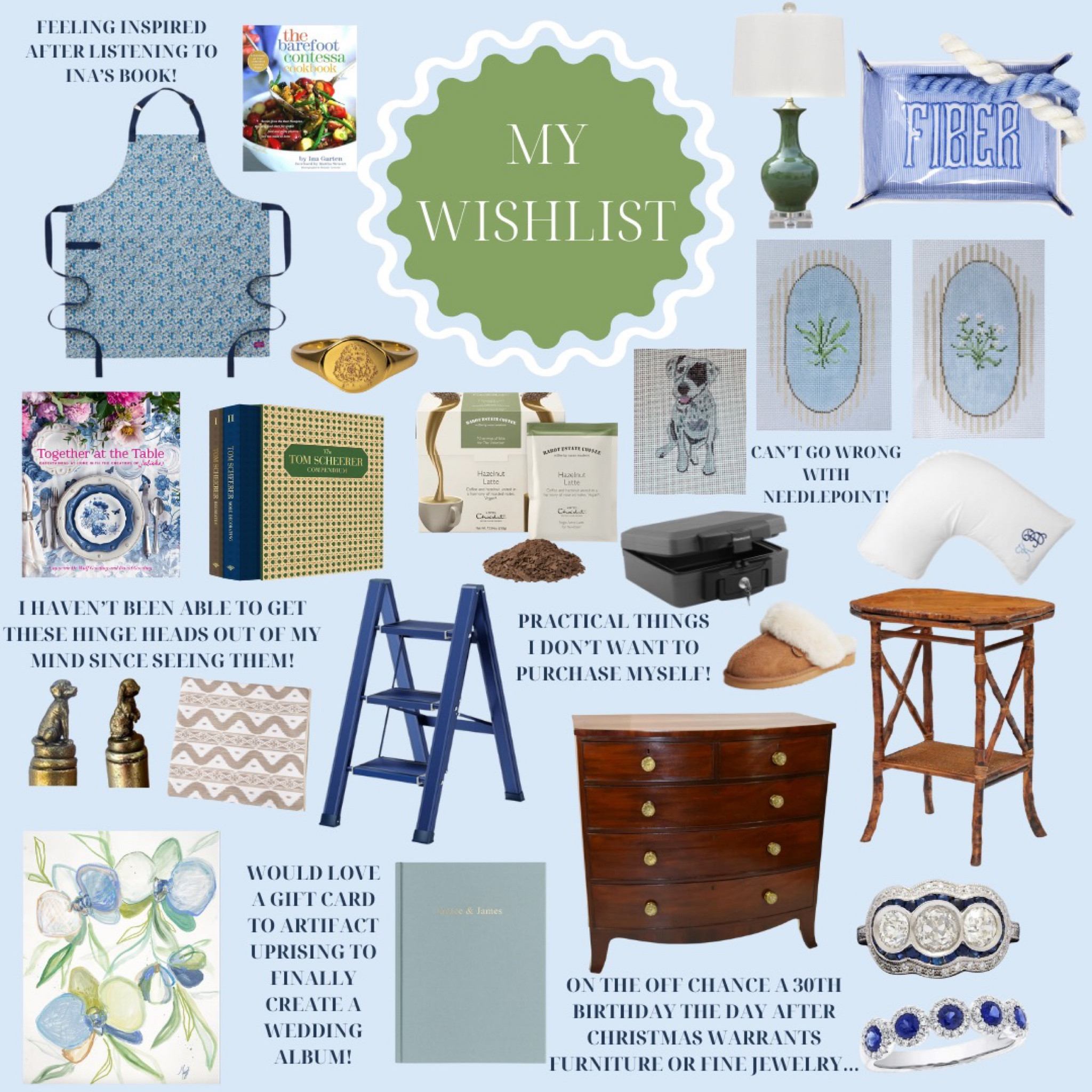 My Christmas and birthday wish list! Lots of impractical wish list items, but just in case a 30th birthday the day after Christmas is worthy of a big ticket gift I wanted to make sure to include some options 😉 Maybe this will give you some ideas when making your own wish list or help you when shopping for others! PART 1 (see following post for part 2)

Gift guide, gifts for her, big ticket gifts, splurge worthy, Christmas presents for women, needlepoint gifts, home decor, jewelry 

#LTKGiftGuide