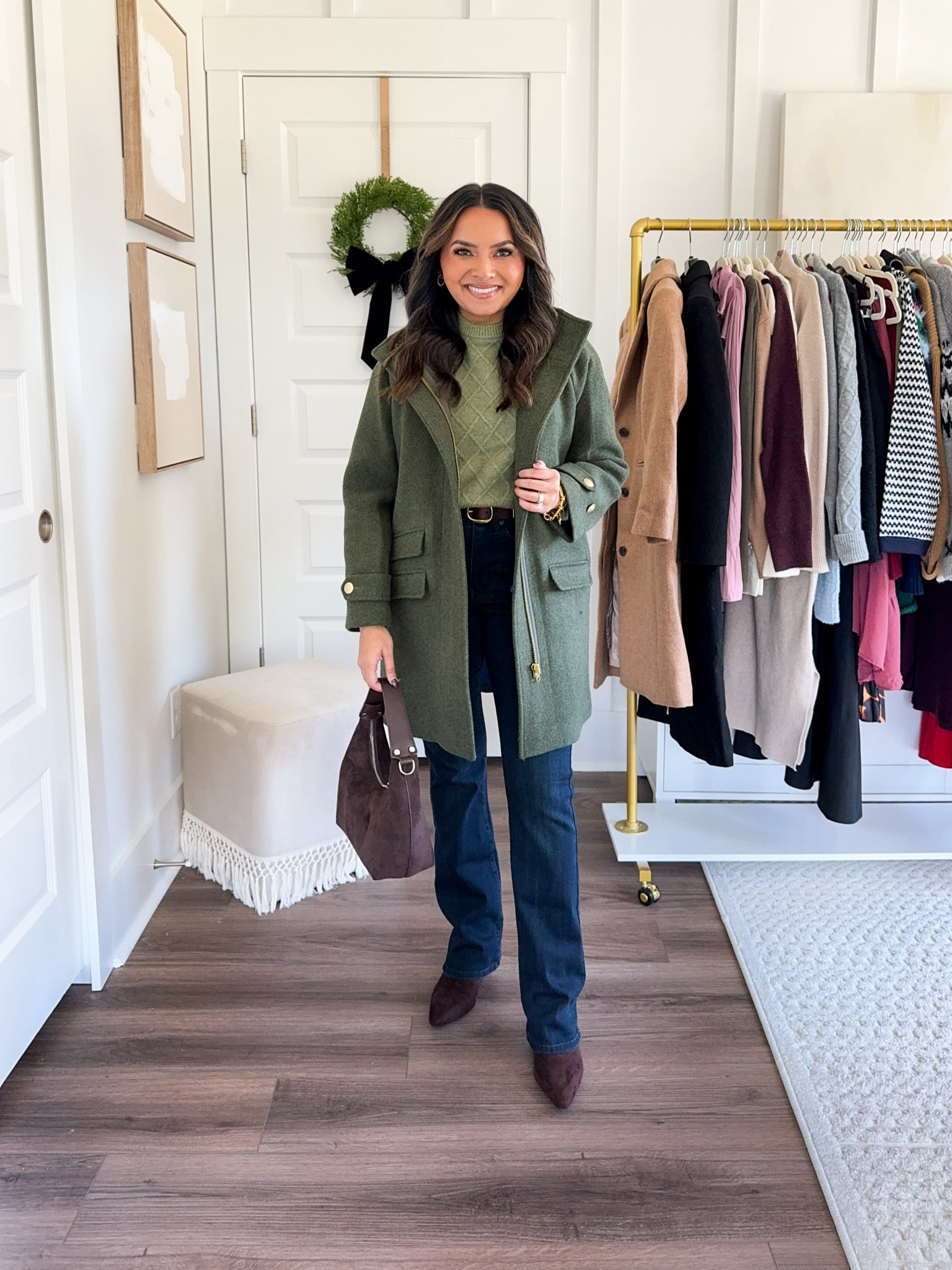 Green topcoat size 0 petite TTS 
Green crewneck sweater size XS TTS 
Dark wash bootcut jeans size 2 petite TTS - Use code RACHEL25 for 25% off!!
Brown belt size XS TTS
Brown Boots size 5.5 TTS
Lip butter shade brown sugar 
Bracelets size small 

Winter outfit 
Holiday outfit 
Sale alert 
J.CREW 
J crew 
Christmas outfit 
Fall outfit
Olive green coat 
Suede bag 
Suede boot 
Bootcut jean

Honey Sweet Petite 
Honeysweetpetite 


#LTKStyleTip #LTKSeasonal #LTKHoliday