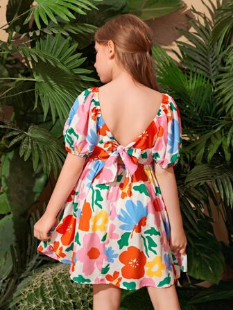 SHEIN Tween Girl Ruffle Trim Tie Side Allover Plant Cami Dress | SHEIN USA | SHEIN