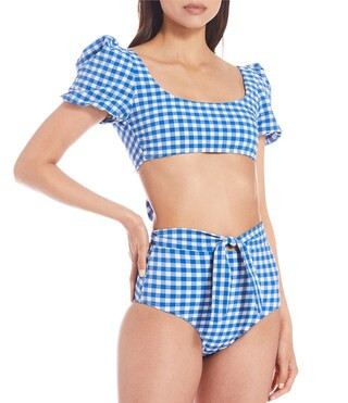 Gianni Bini Pucker Up Textured Gingham Molded Underwire Bralette Swim Top & Tie Front High Waist ... | Dillards