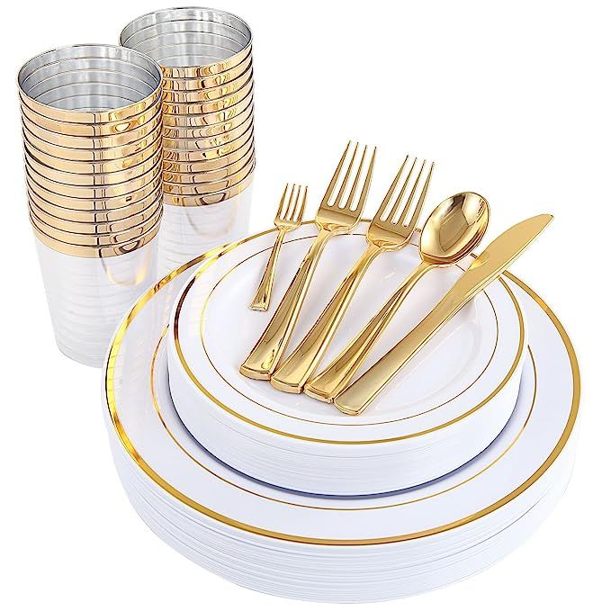 WDF 25Guest Gold Plastic Plates with Gold Silverware,Disposable Cups-include 25 Dinner Plates, 25... | Amazon (US)