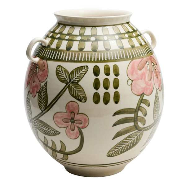 Green & Pink Hand Painted Floral Ceramic Vase, 11" | At Home