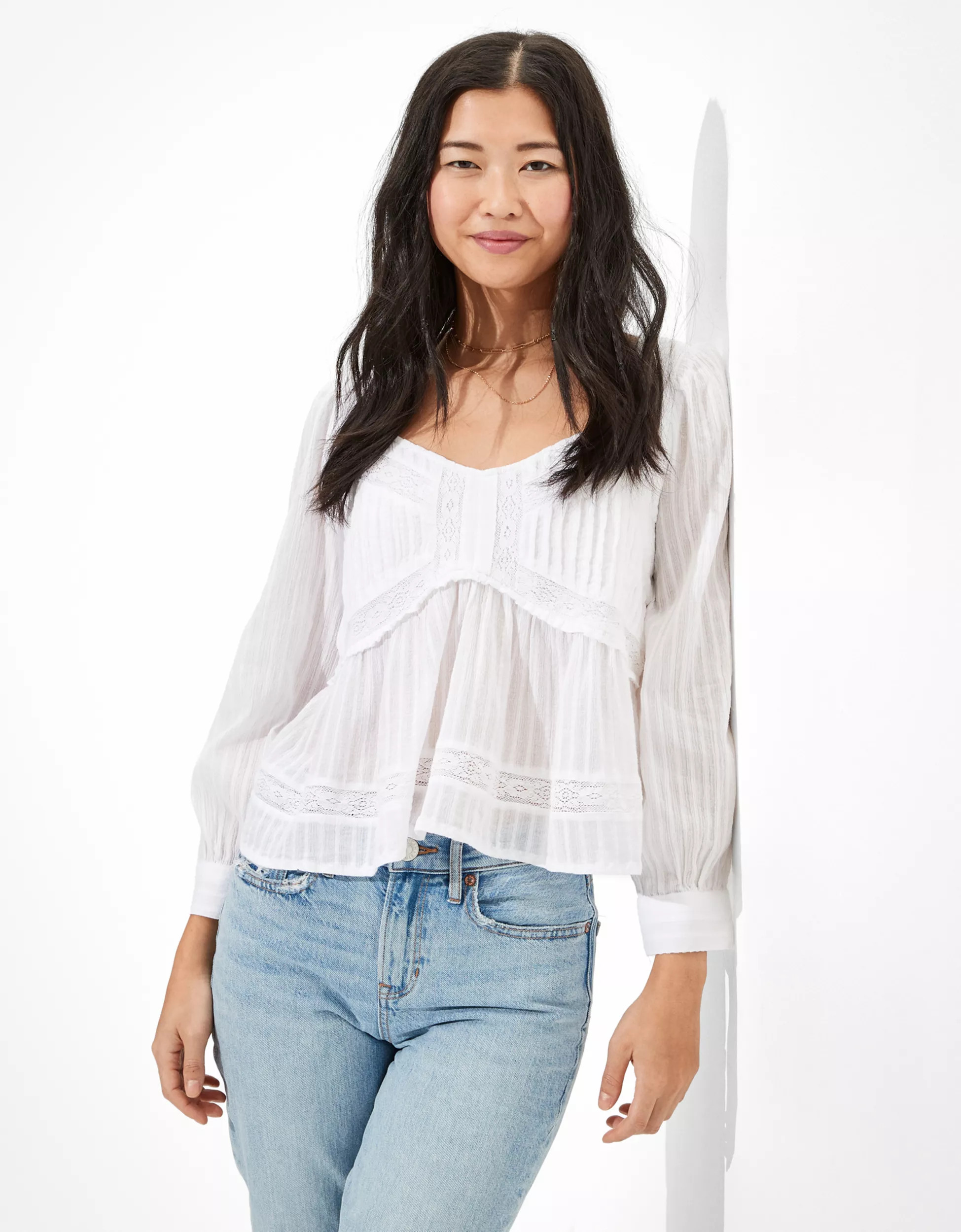 AE Long-Sleeve Babydoll Blouse | American Eagle Outfitters (US & CA)