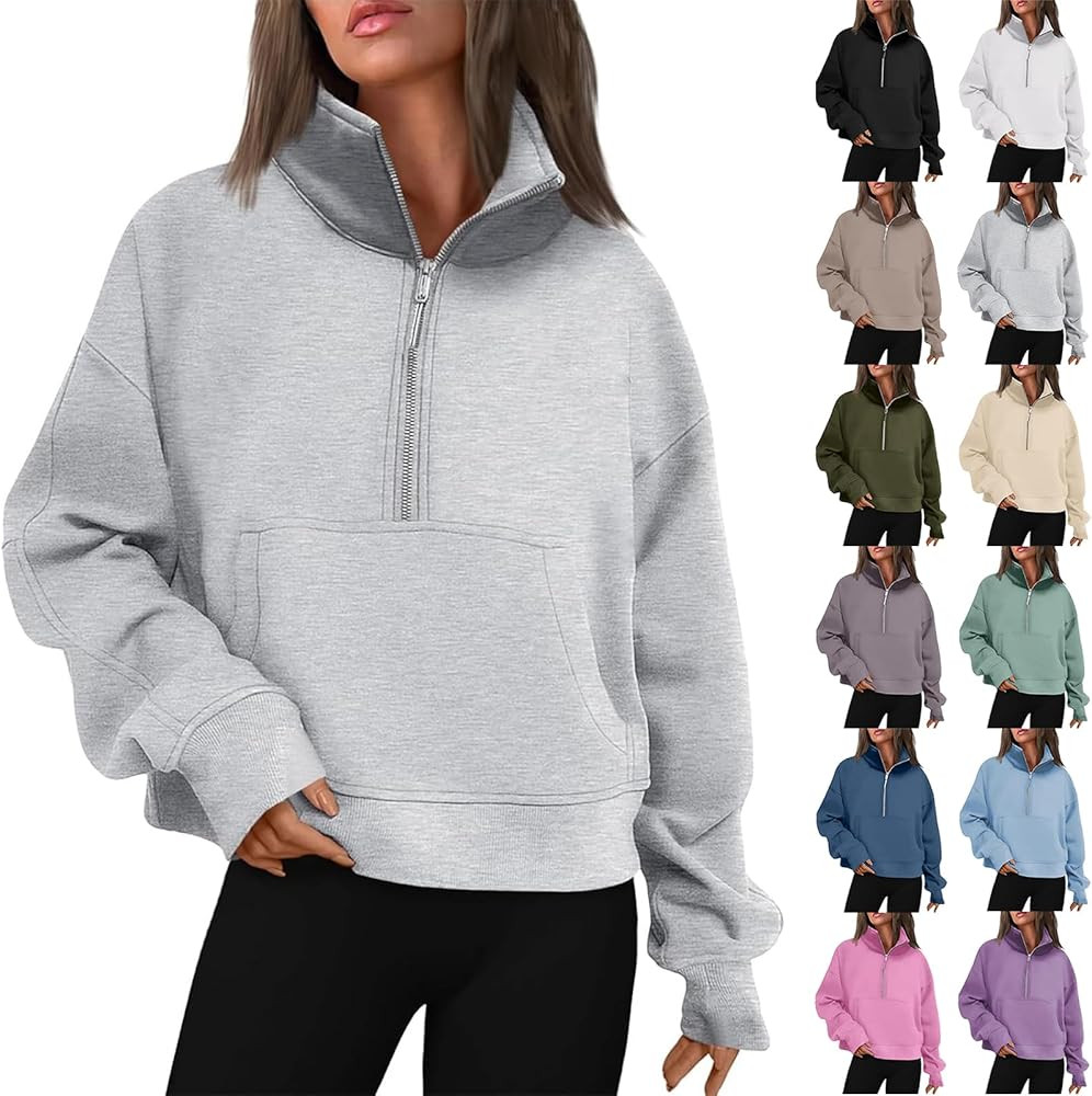 Women Quarter Zip Pullover Long Sleeve Fleece Half Zip Pullover Casual Stand Collar Cropped Sweat... | Amazon (US)