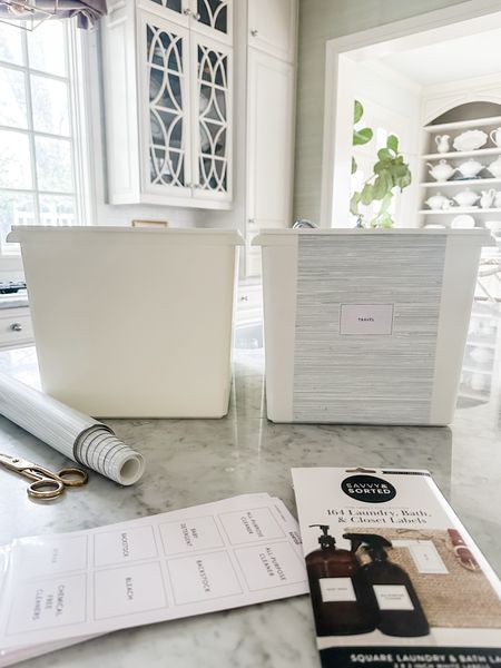 I used the stick-on wallpaper from my closet project to add detail to these bins today! The pre-printed labels were an easy way to add organization and they went right on top of the wallpaper on the bin! 🤍