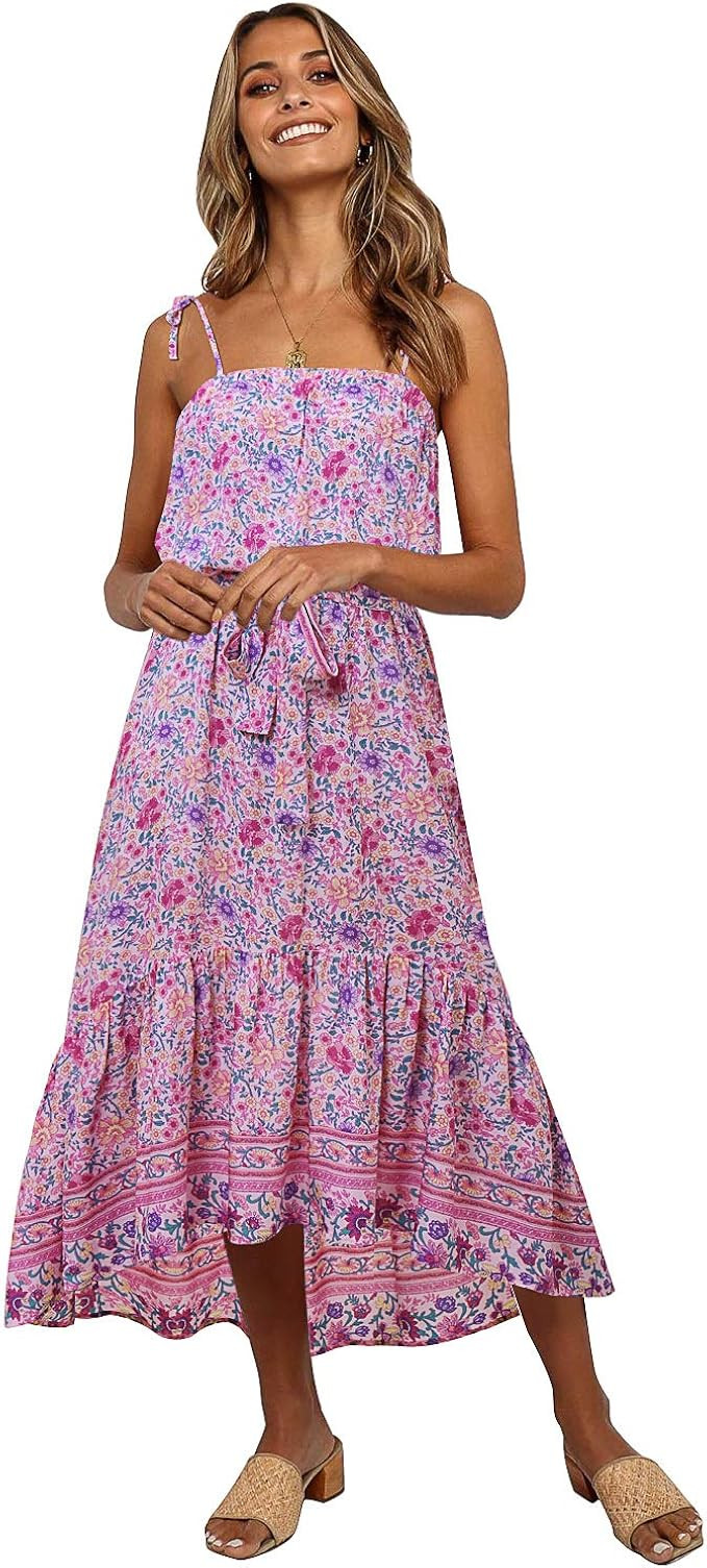 SOLERSUN Women's Summer Boho Spaghetti Strap Casual Flowy Beach Swing Party Maxi Sundress with Be... | Amazon (US)