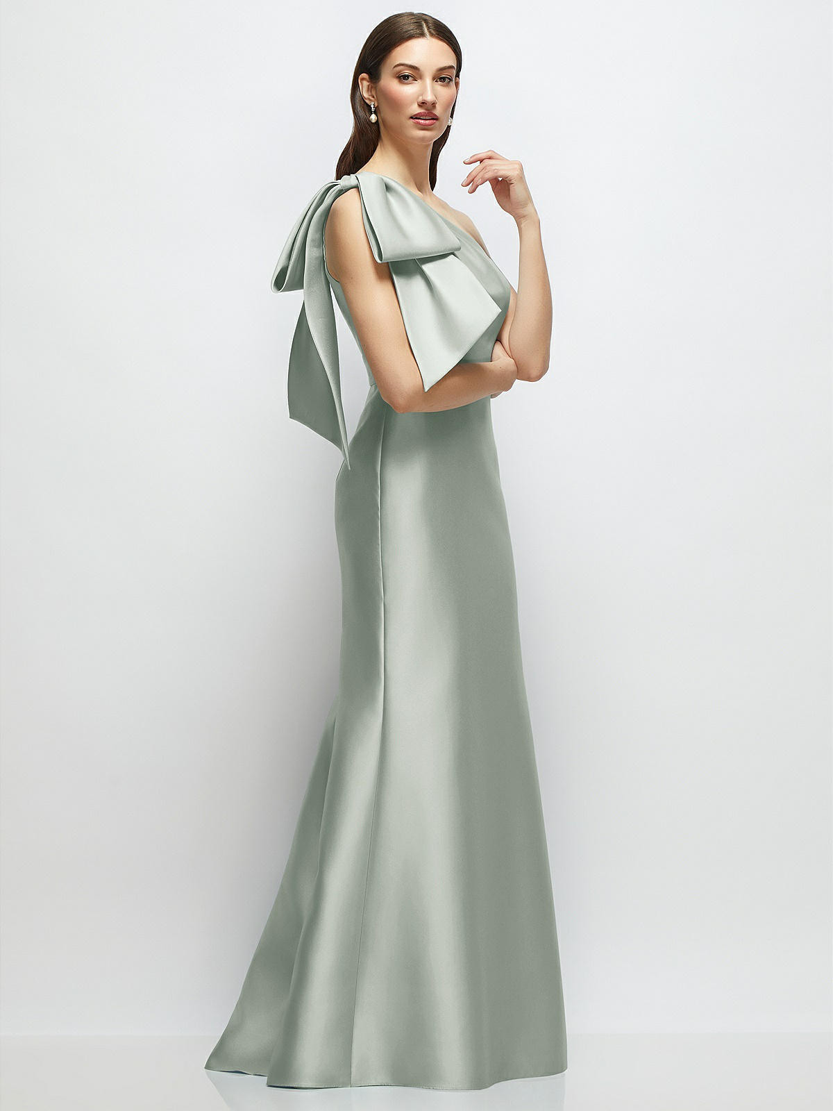 Bow One-Shoulder Satin Maxi Dress with Trumpet Skirt in Willow Green | Dessy Group
