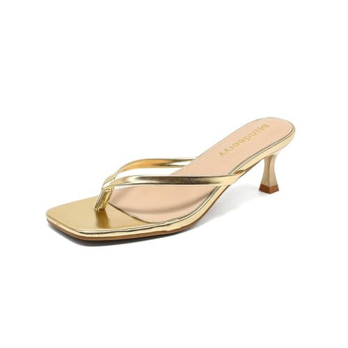 Mindeeryy Thong Sandals Kitten Heels Square Toe Flip Flops Slip On Heels for Women Kitten Heel Sandals Low Heel 2.4 Inch for Casual Gold 7.5 | Amazon (US)