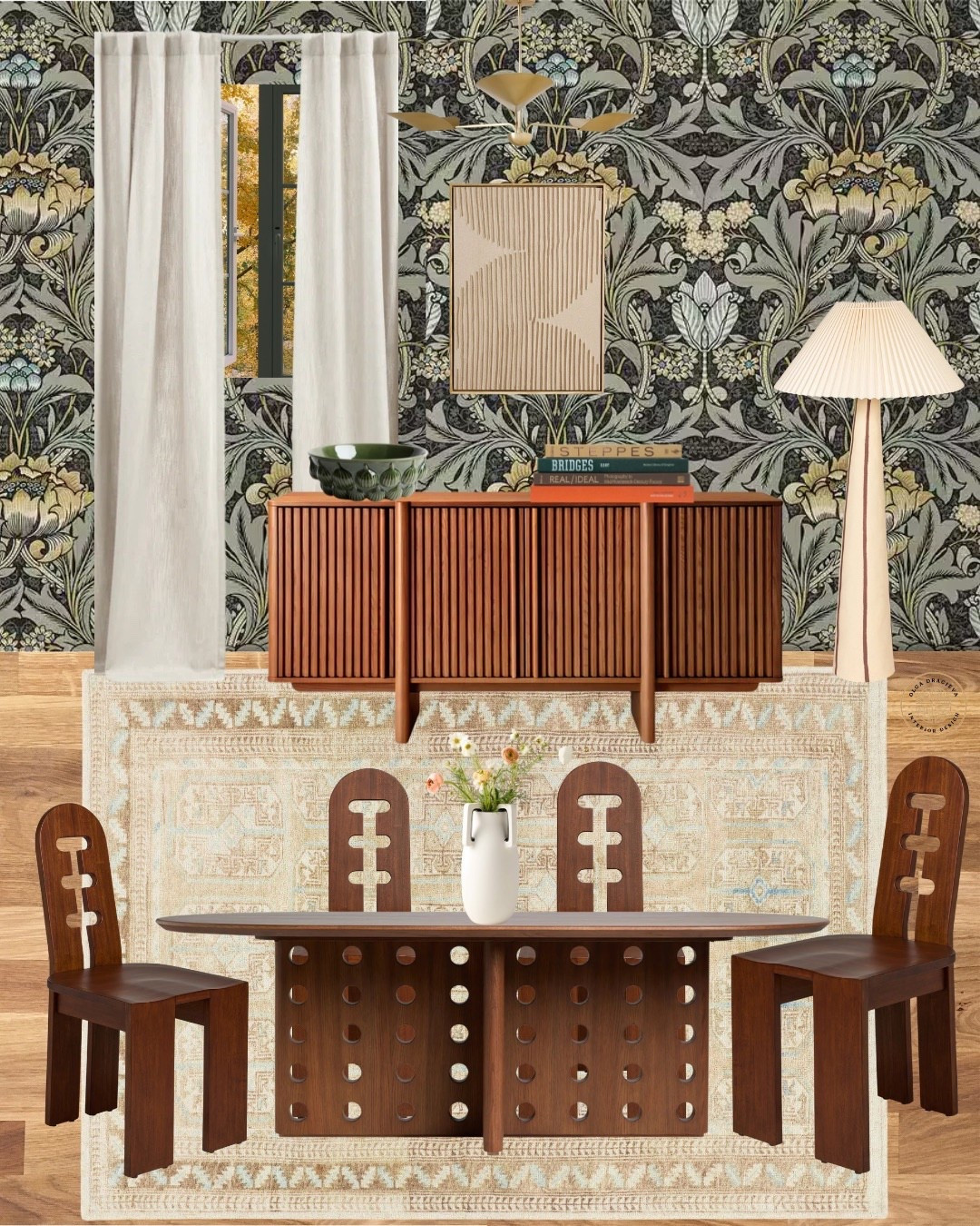 Gorgeous dining room design! I love the new furniture at Lulu & Georgia. These sculptural dining chairs are GORGEOUS! Affordable Morris wallpaper, neutral rug and a beautiful chandelier from West Elm. #diningroom #falldecor #moodboard

#LTKSeasonal #LTKFamily #LTKHome