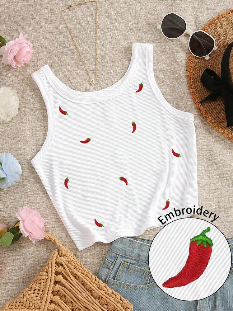 INAWLY Women's Casual Ribbed Knit Round Neck Chili Graphic Embroidery Tank Top, Summer | SHEIN