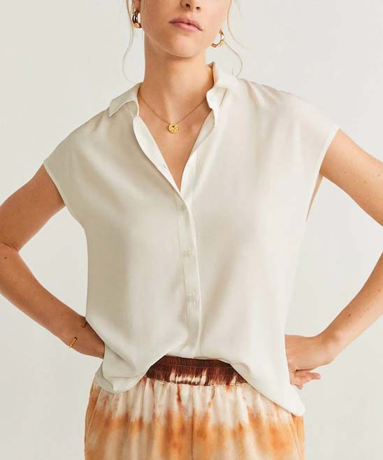 MANGO Women's Button Down Shirts OFFWHITE - Off-White Clau Short-Sleeve Button-Up - Women | Zulily