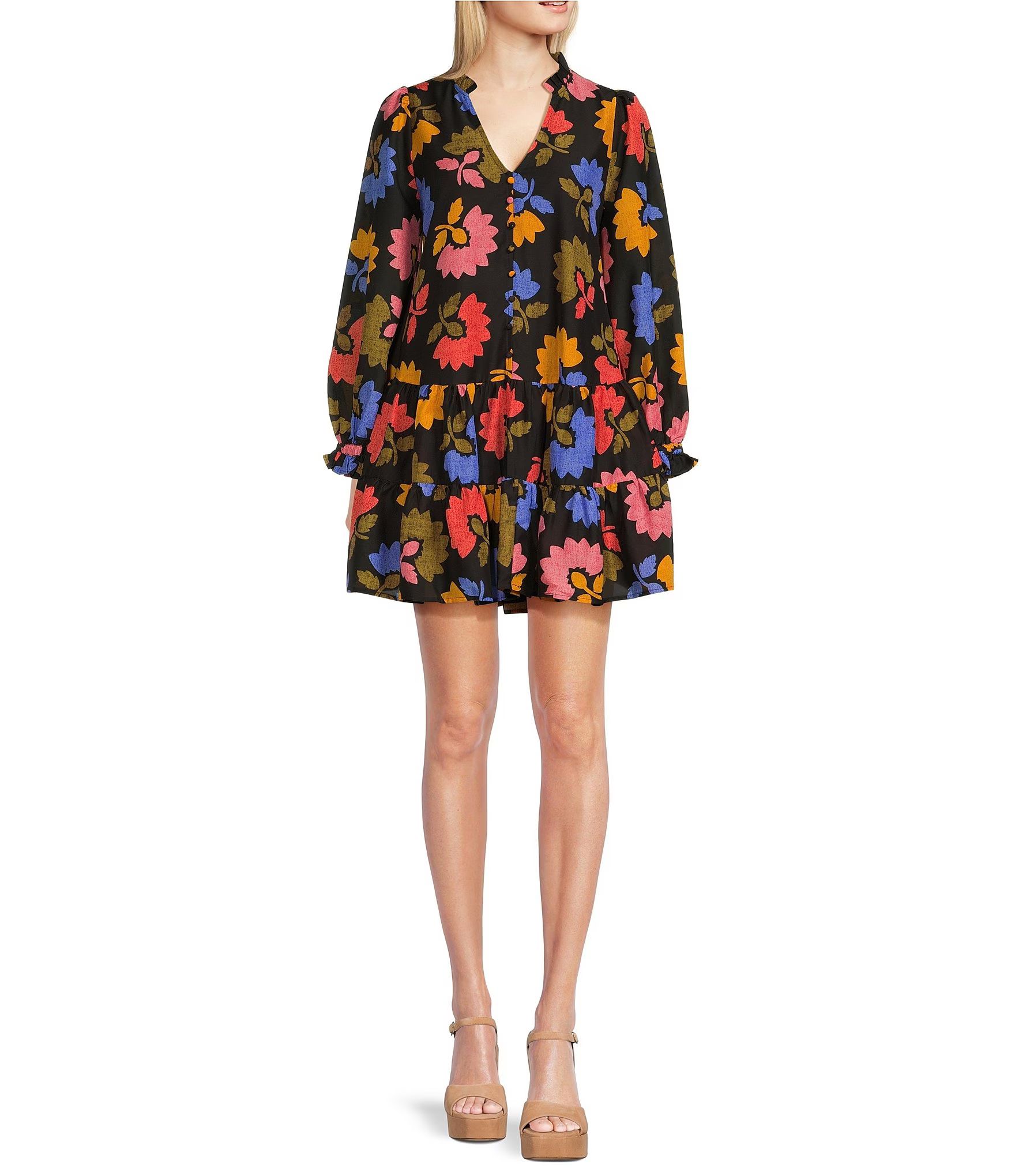 Avery Floral Long Sleeve V-Neck Tiered Shift Dress | Dillard's
