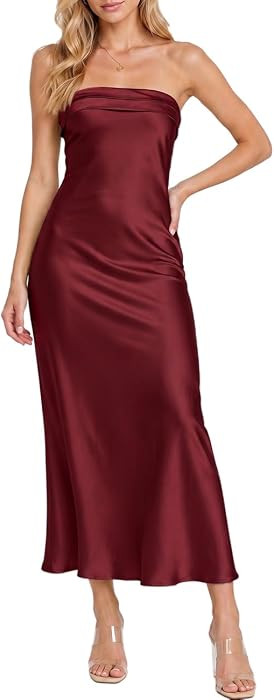 Realtix Summer Satin Strapless Backless Maxi Dress for Women Wedding Guest | Amazon (US)