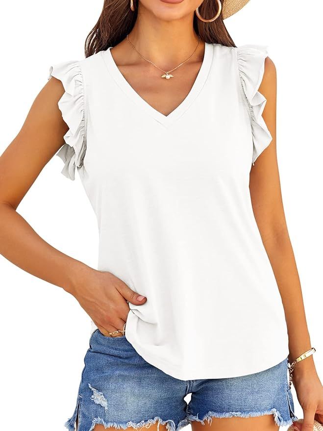 Valphsio Womens Casual V Neck Blouse Tops Frilled Ruffles Solid Sleeveless Tanks | Amazon (US)