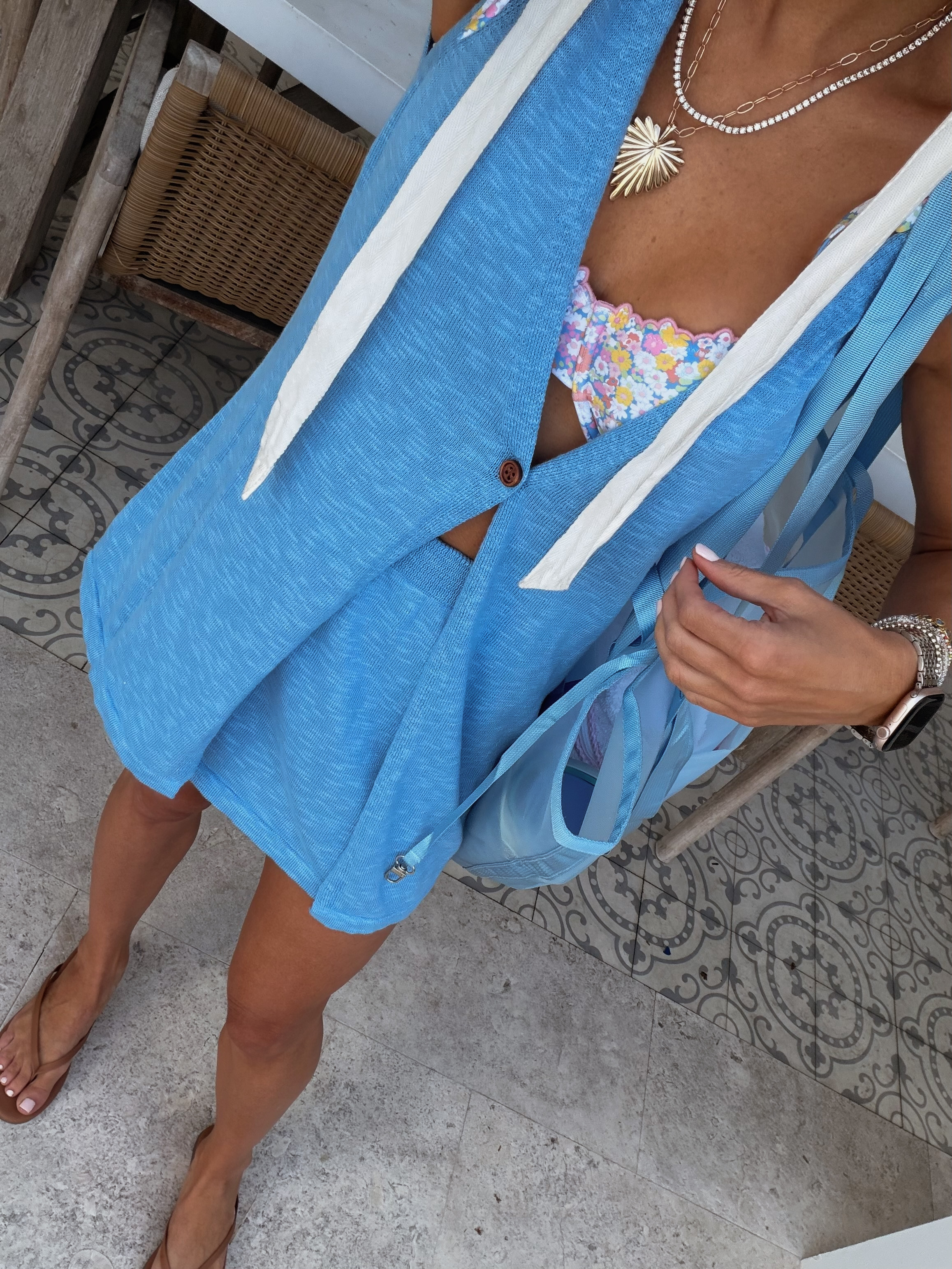 Minnow Swim floral high waisted swim and Amazon blue knit coverup set! 

 