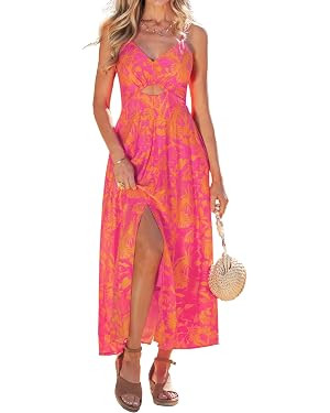 popvil Summer Maxi Dresses for Women 2026 Spaghetti Strap V Neck Cut Out Slit Boho Beach Vacation... | Amazon (US)